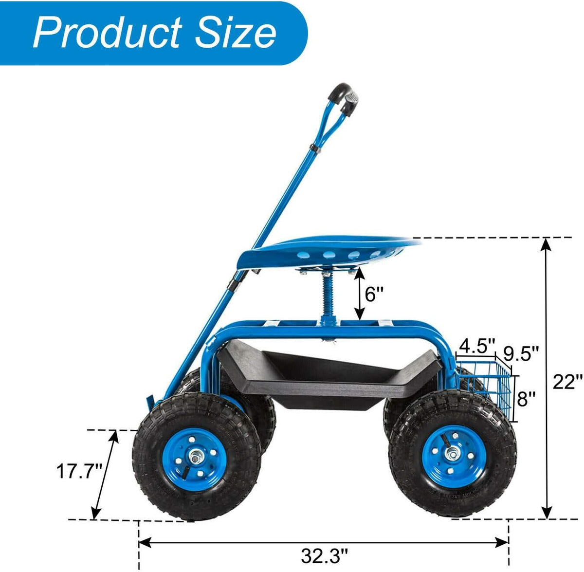 Rolling Garden Cart Work Seat with Swivel Seat & Utility Basket A765