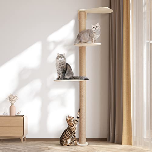 Wood Cat Tower Floor to Ceiling Adjustable with Natural Sisal Rope R9135