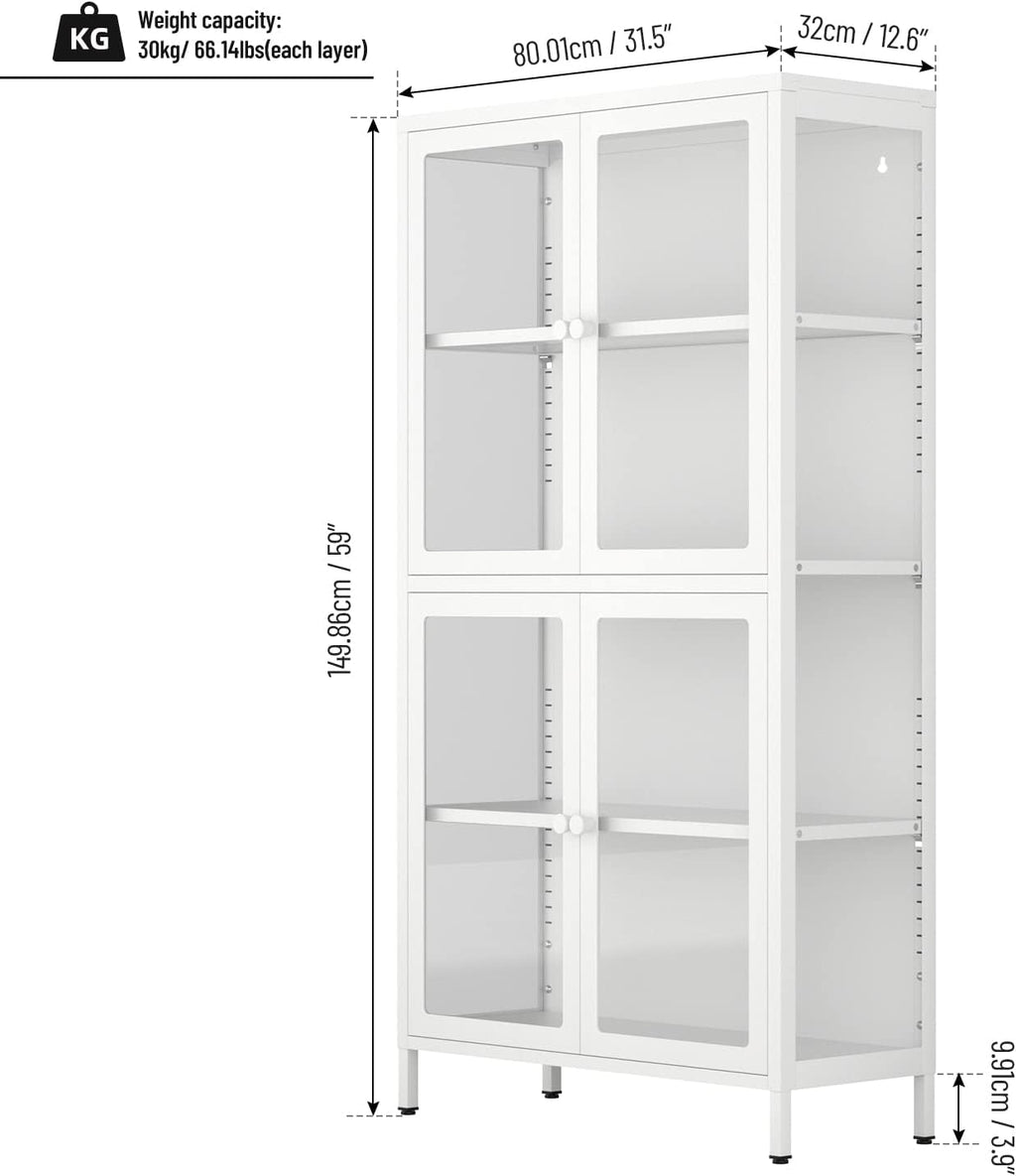 4-Door White Tempered Glass Storage Cabinet with Adjustable Shelves E89331