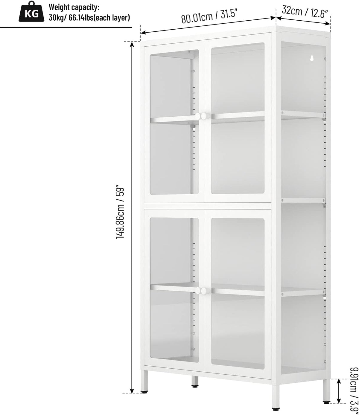 4-Door White Tempered Glass Storage Cabinet with Adjustable Shelves E89331