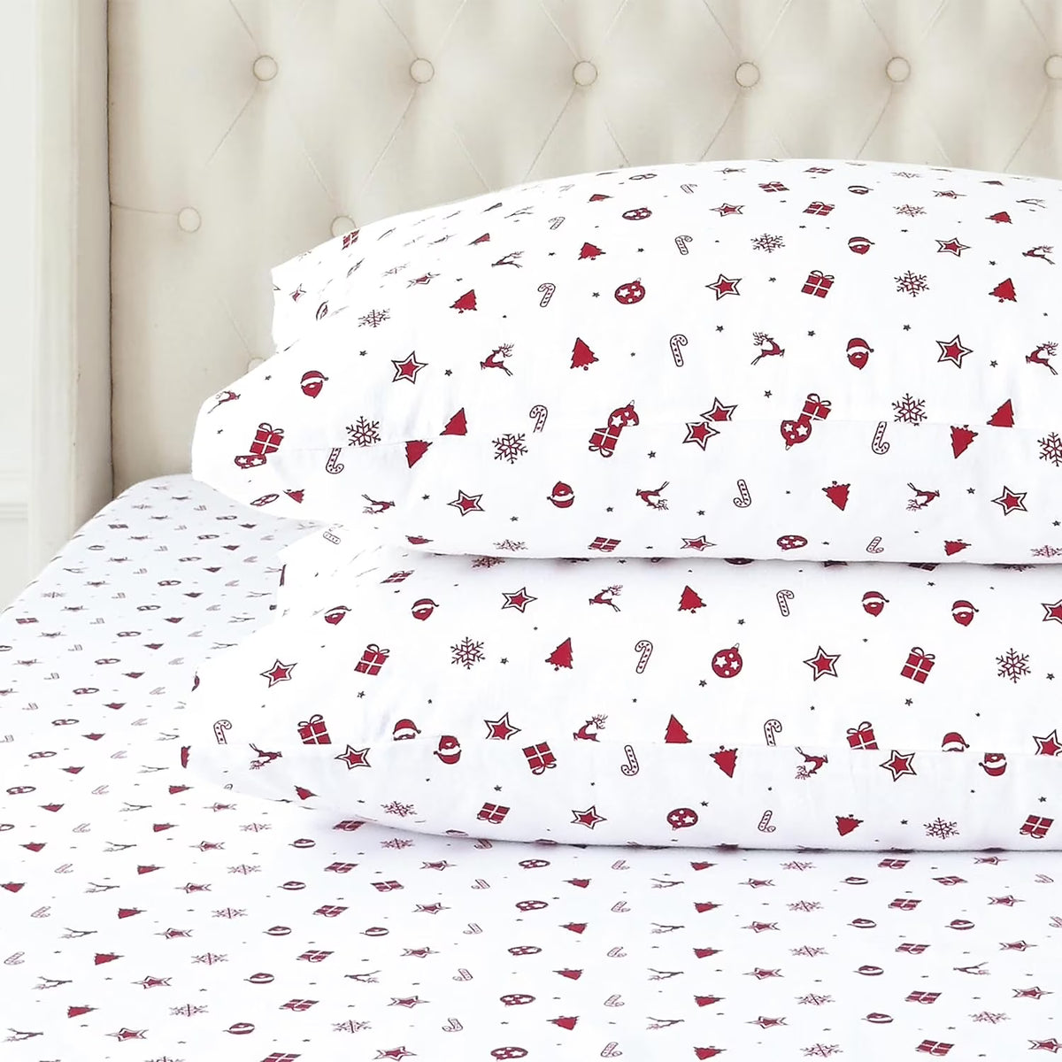 King Flannel Sheets - 4-Piece 100% Turkish Cotton, Red Stars, Deep Pocket R43988
