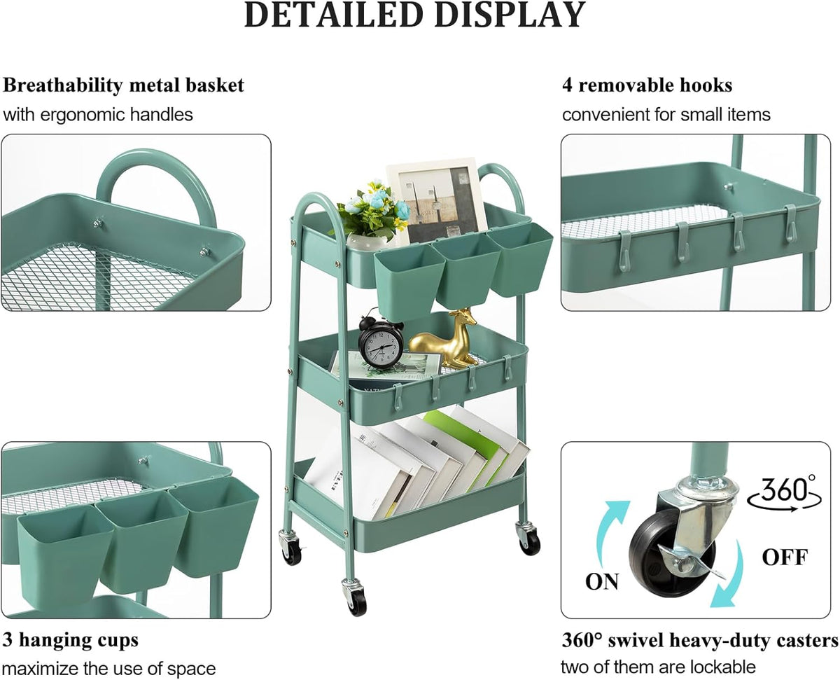 3-Tier Metal Rolling Utility Cart with Lockable Wheels F944