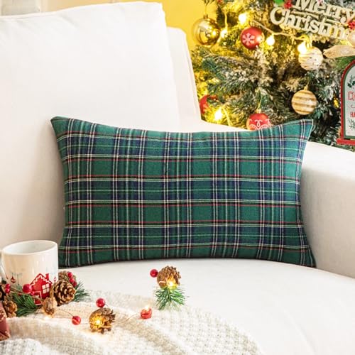 Pack of 2 Green Plaid Decorative Throw Pillow Covers, 20 x 20 Inches C721