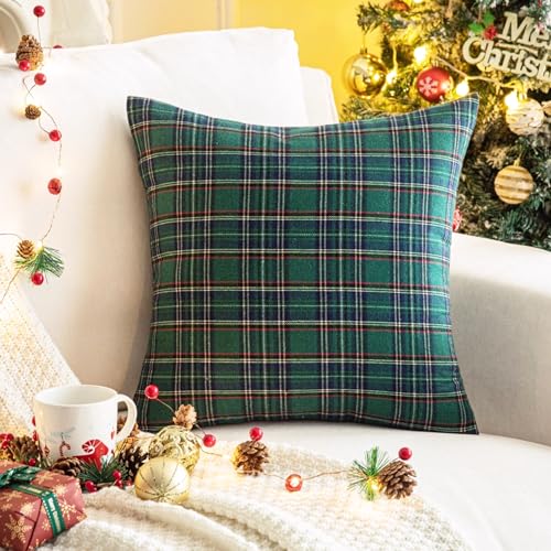 Pack of 2 Green Plaid Decorative Throw Pillow Covers, 20 x 20 Inches C721