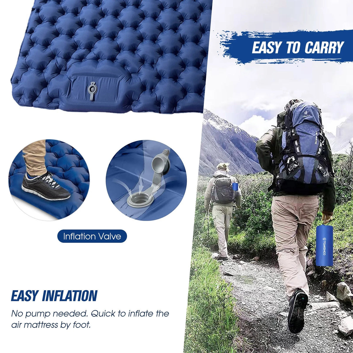 2 Person Camping Mat with Air Pillow Portable Air Mattress Waterproof Sleeping Pad F9511