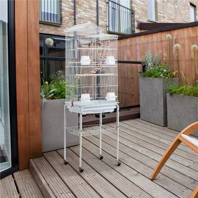 Iron Pointed Top Floor Bird Cage with Wheels White F3729