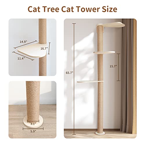 Wood Cat Tower Floor to Ceiling Adjustable with Natural Sisal Rope R9135