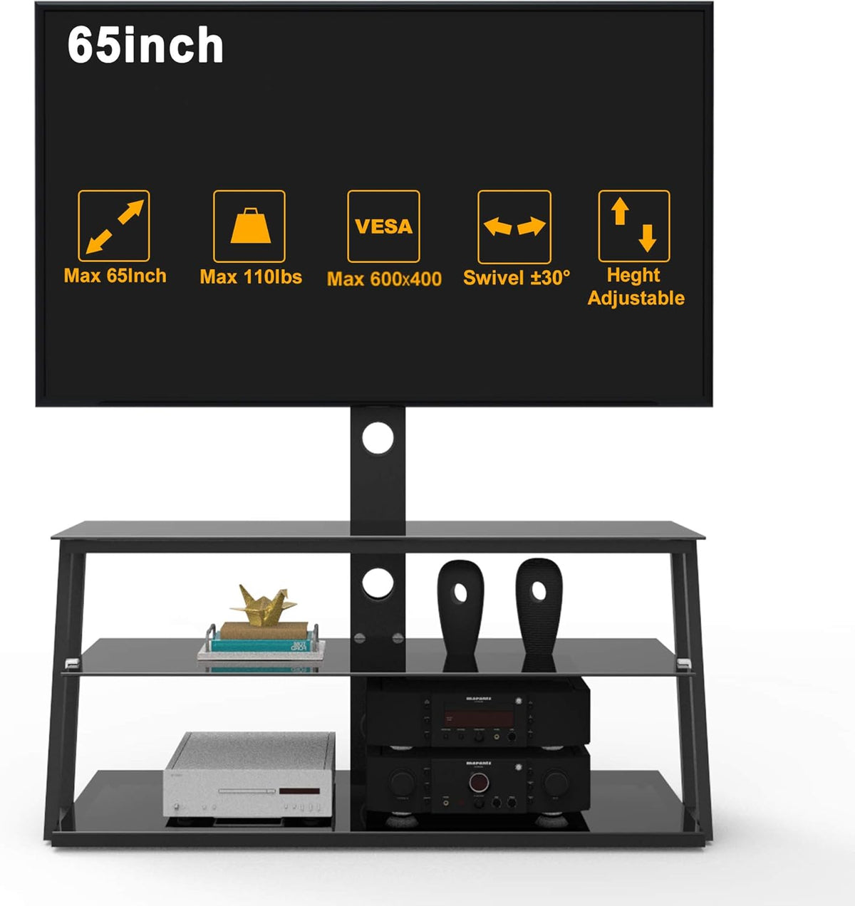 Angle and Height Adjustable Swivel TV Stand with Shelves X33951