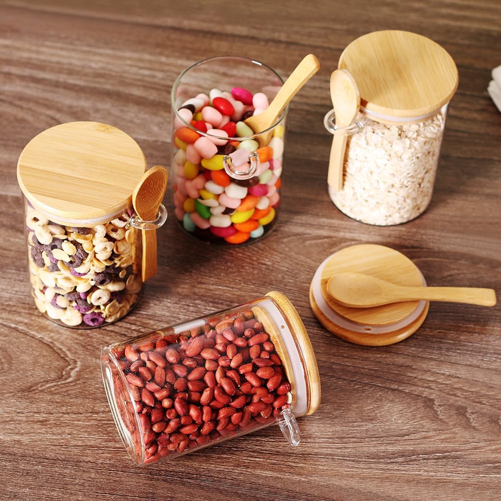 17 OZ Glass Containers with Bamboo Lids and Wooden Spoons (6 Pack) Y48447