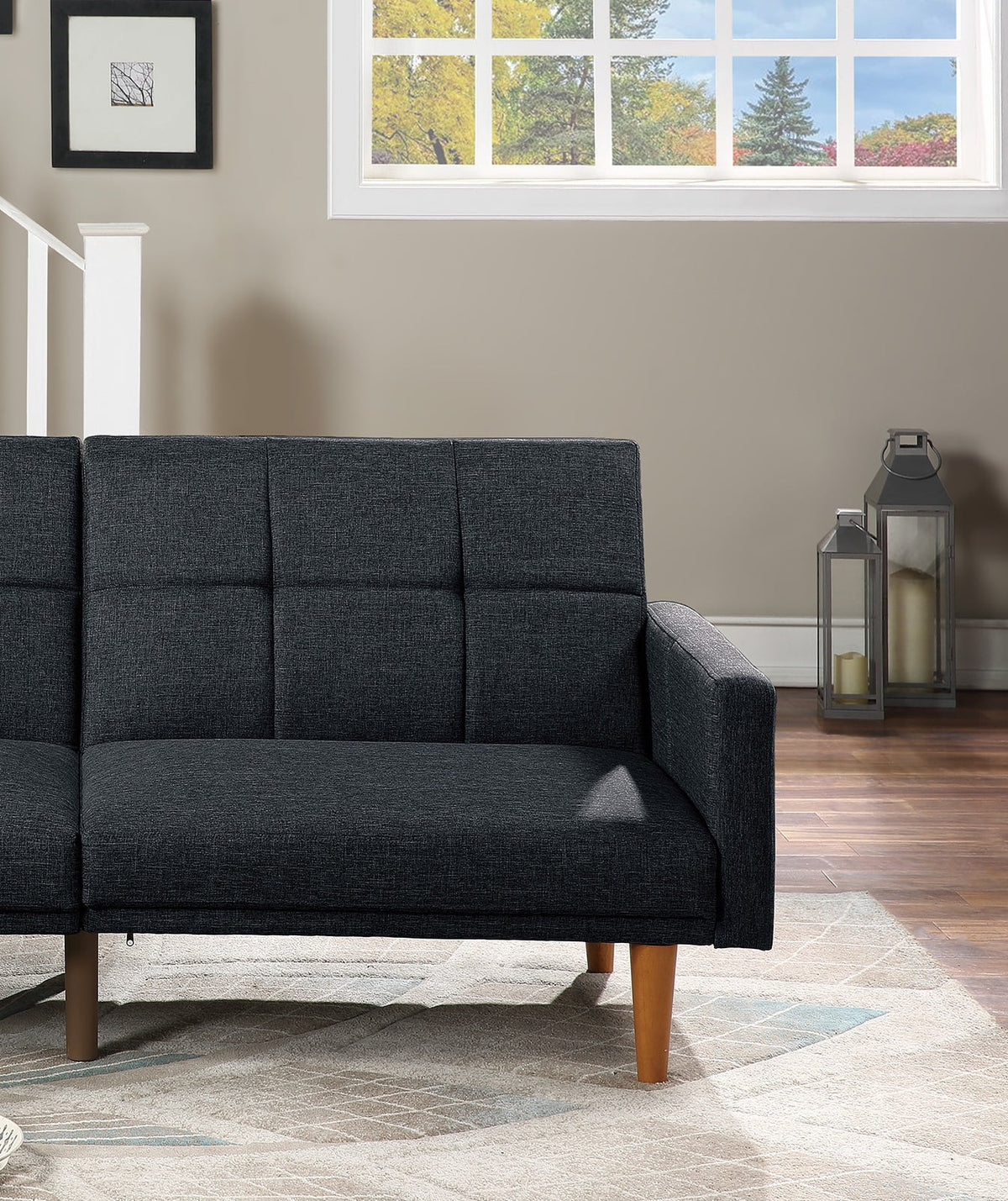 Black Polyfiber Convertible Sofa Couch Bed with Wooden Legs M945