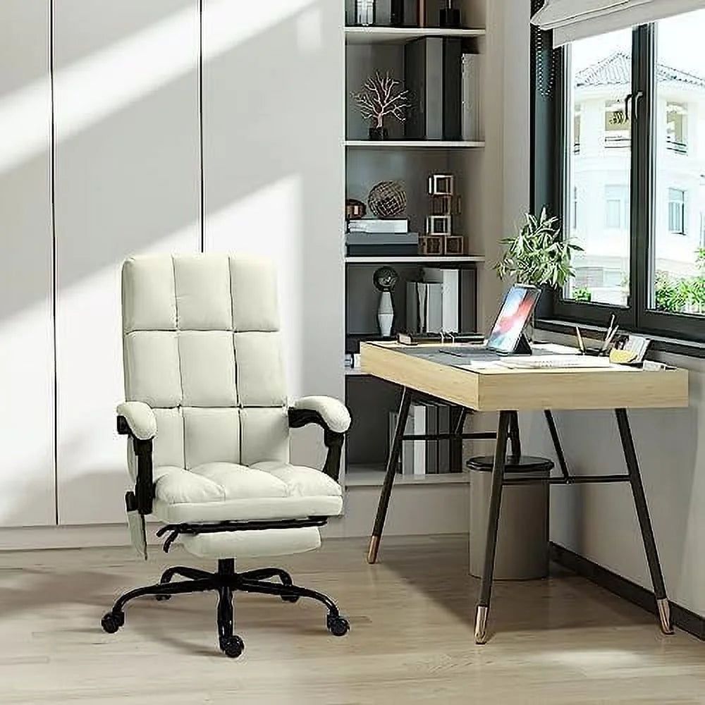 Cream White Massage Office Chair with USB Port and Footrest L250