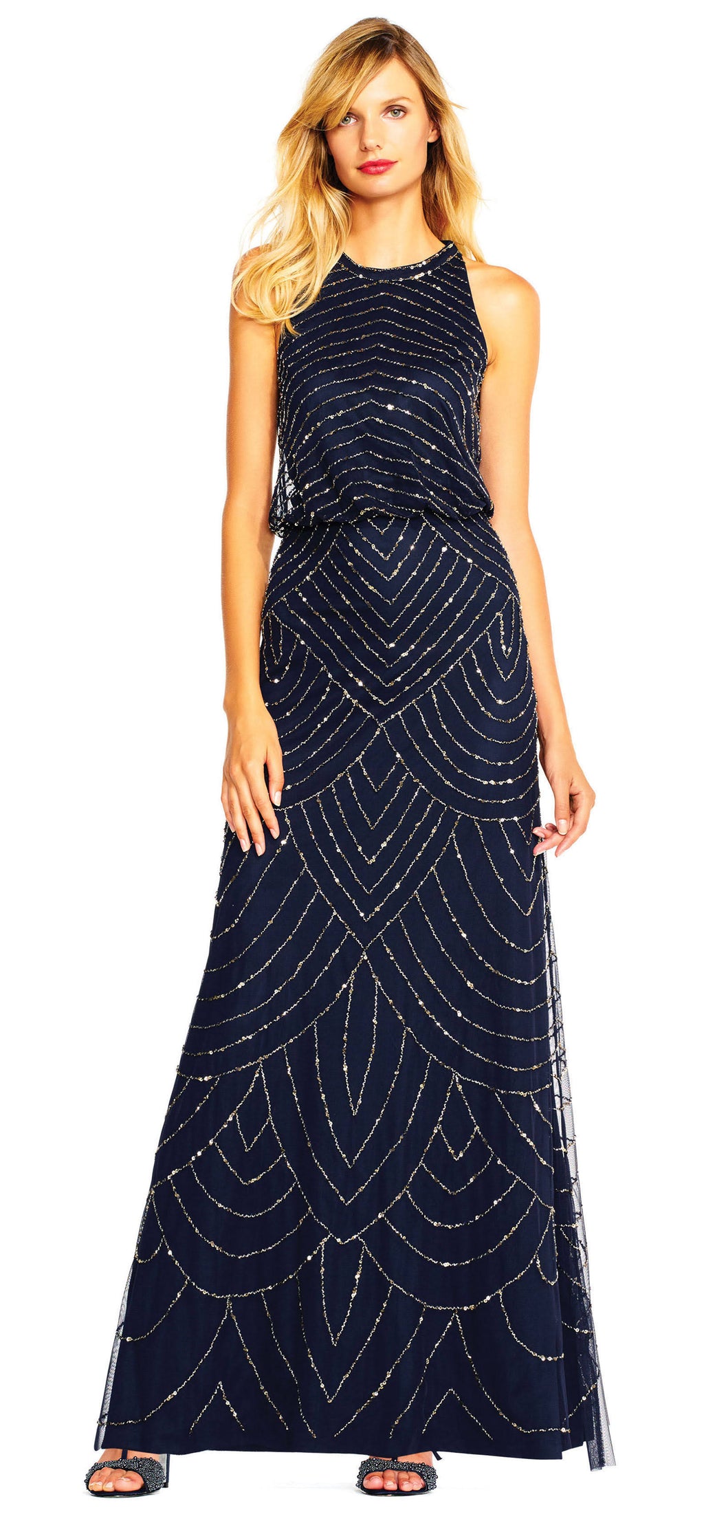 Navy Scalloped Beaded Blouson Gown B1937