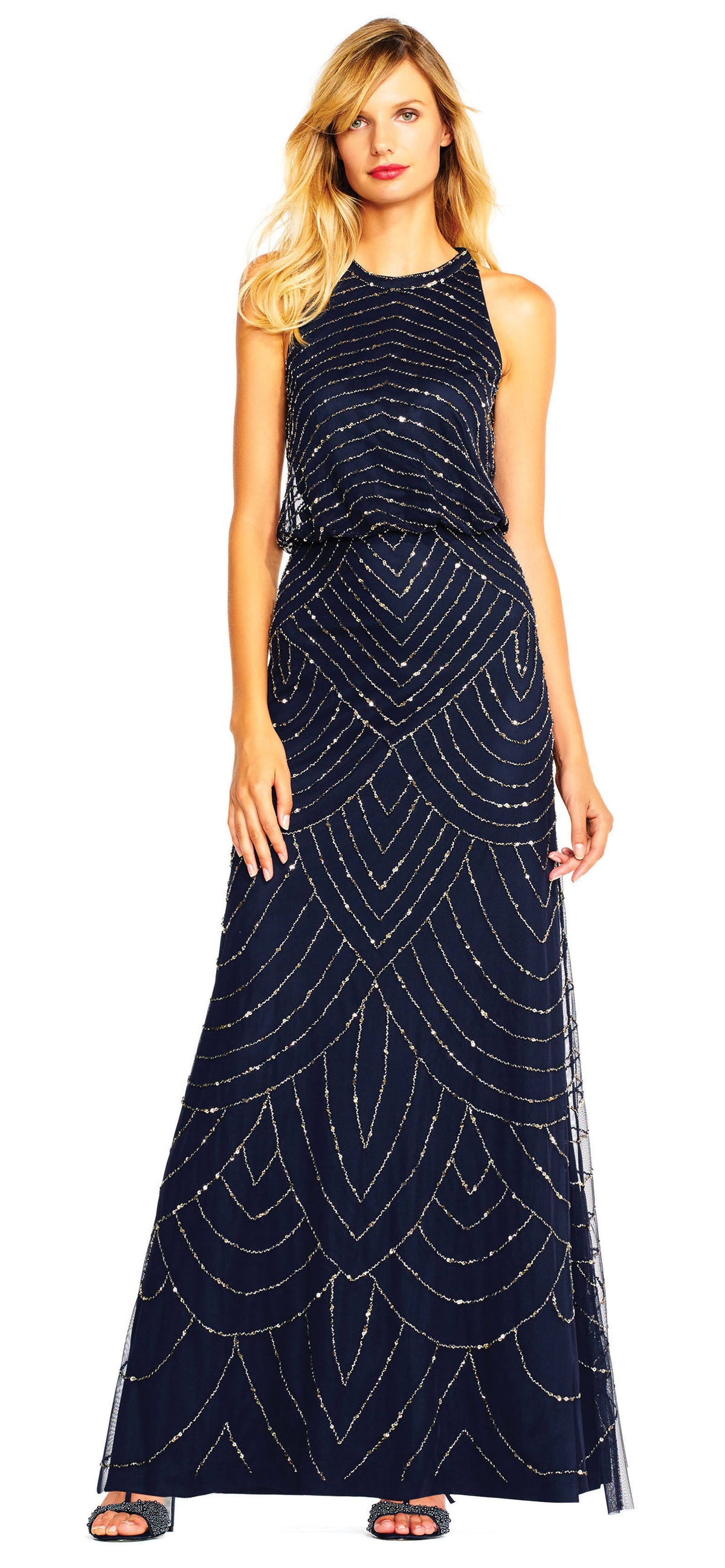 Navy Scalloped Beaded Blouson Gown B1937