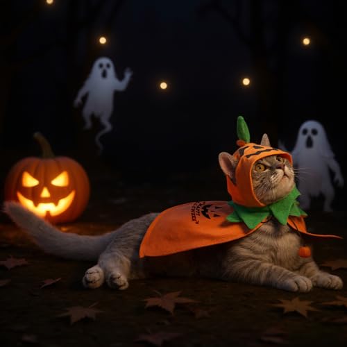 2 Sets Pet Pumpkin Costume Cat Halloween Cloak Hat Set R975