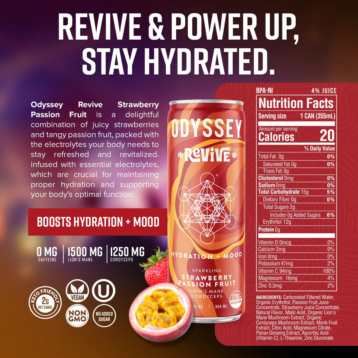 Sparkling Mushroom Drink Strawberry Passion Fruit Flavor 12 Fl oz (Pack of 12) N223