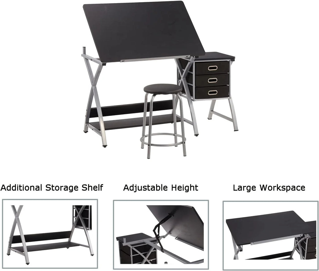 Black Adjustable Drafting Table with Stool and Storage Drawers G255937