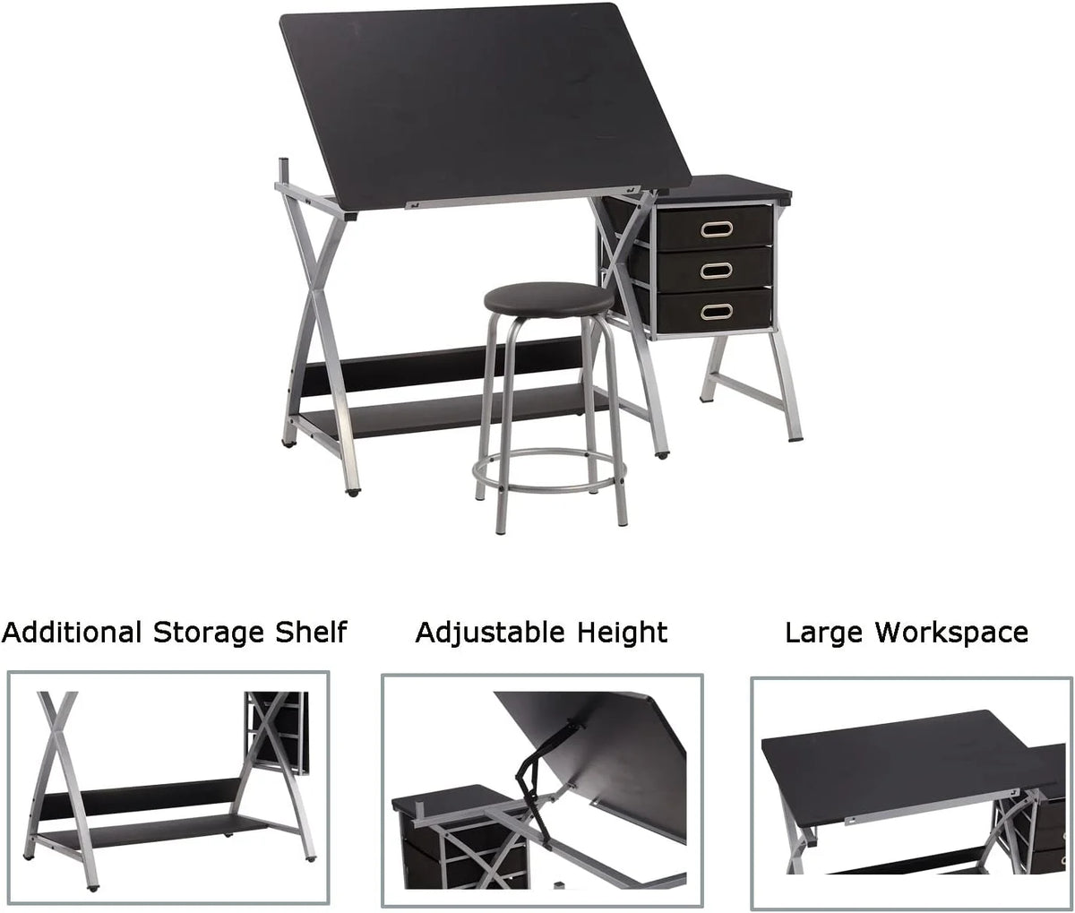 Black Adjustable Drafting Table with Stool and Storage Drawers G255937