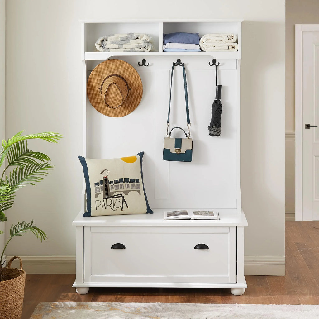 White Hall Tree Bench with Coat Rack and Shoe Cabinet P823