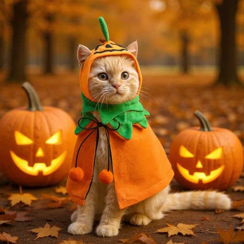 2 Sets Pet Pumpkin Costume Cat Halloween Cloak Hat Set R975
