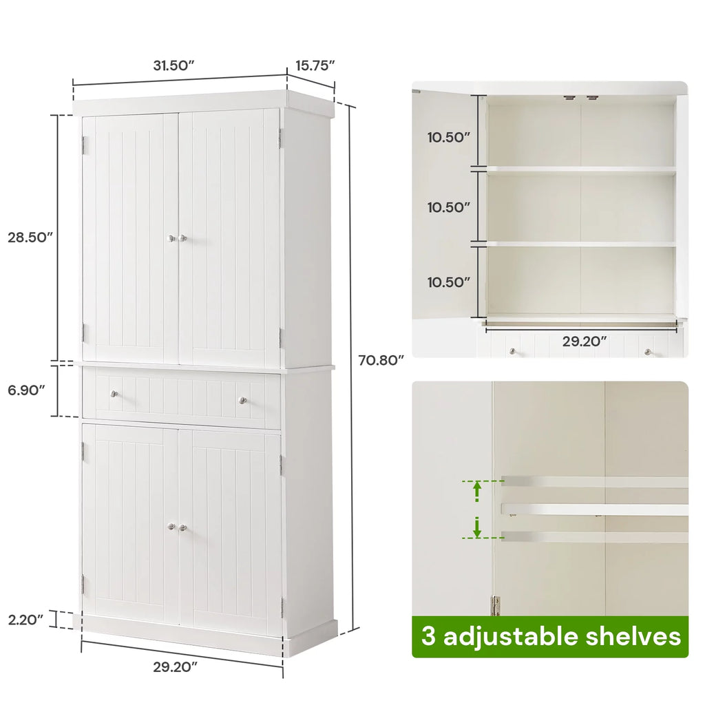 White Tall Freestanding Kitchen Pantry Cabinet with Doors and Adjustable Shelves E36251
