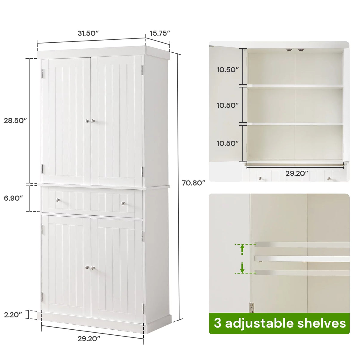 White Tall Freestanding Kitchen Pantry Cabinet with Doors and Adjustable Shelves E36251
