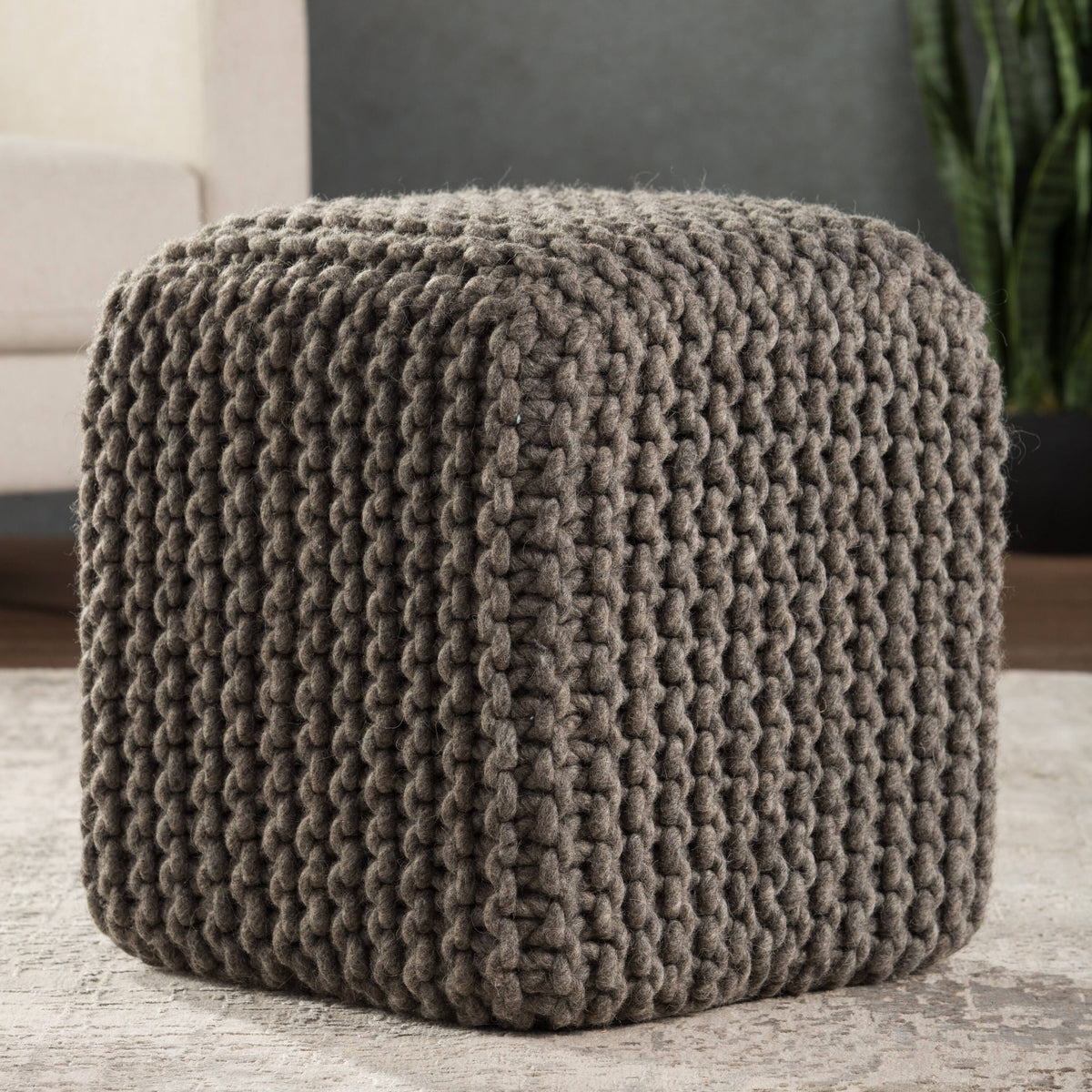 Light Grey Wool Pouf Y135