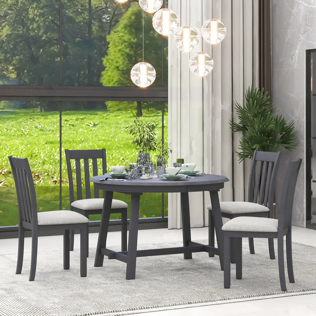 5-Piece Round Extendable Wood Dining Table Set with 4 Chairs F320