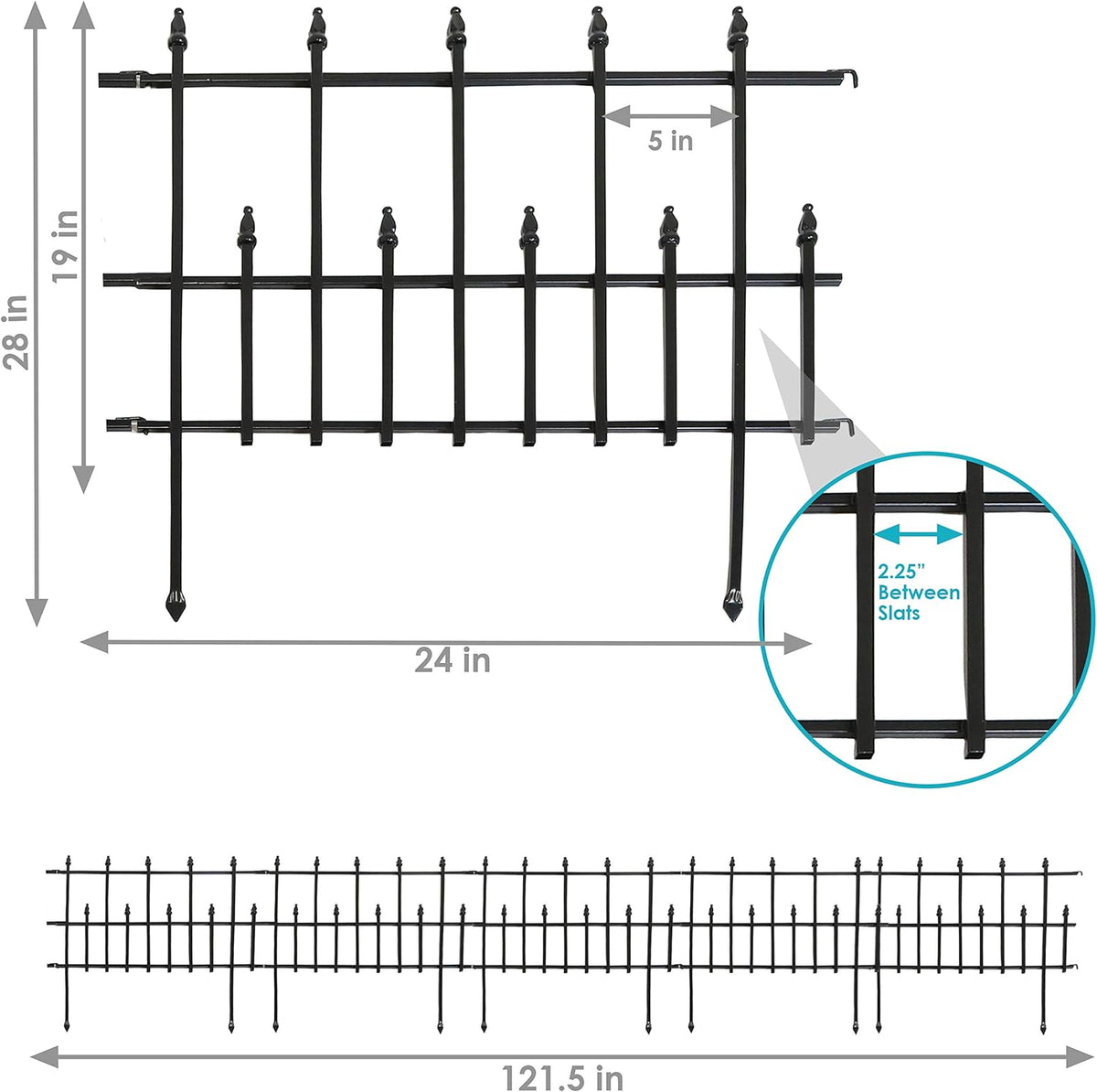 5-Piece Black Steel Garden Fence Panel Set K744