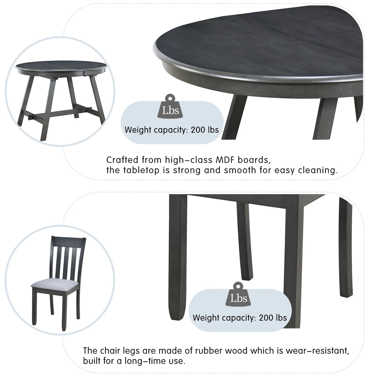 5-Piece Round Extendable Wood Dining Table Set with 4 Chairs F320