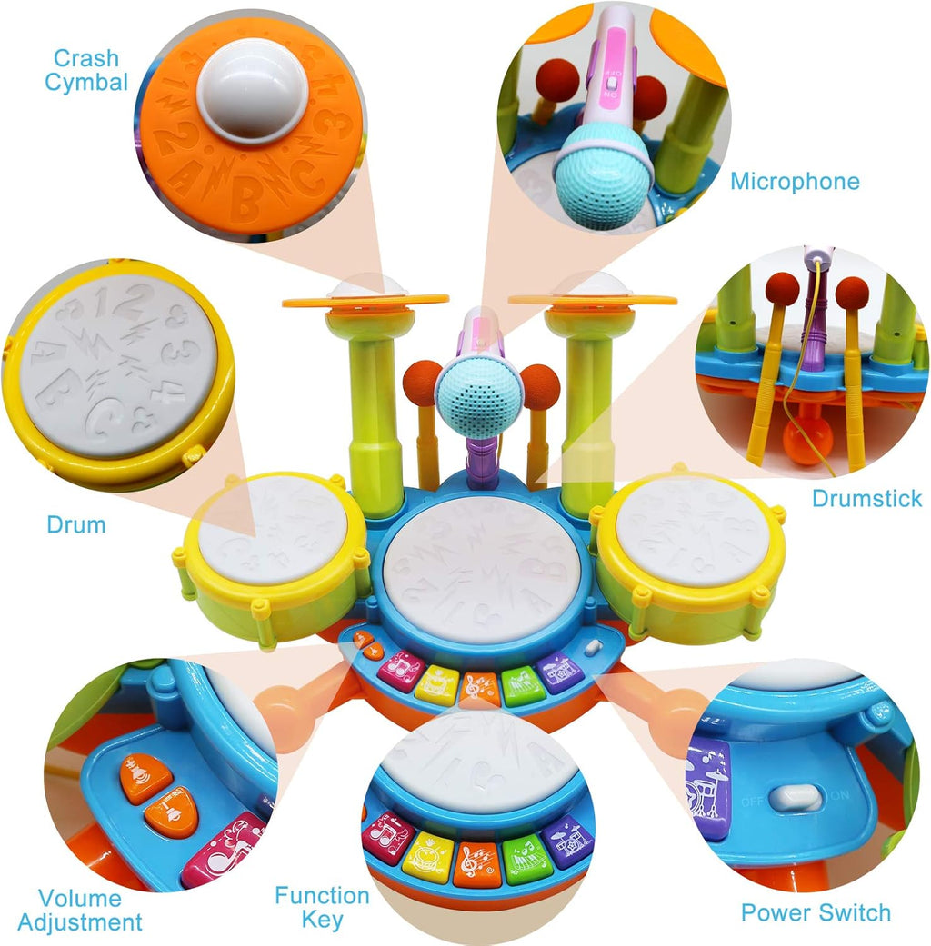 Kids Drum Set with 2 Drum Sticks and Microphone X4194