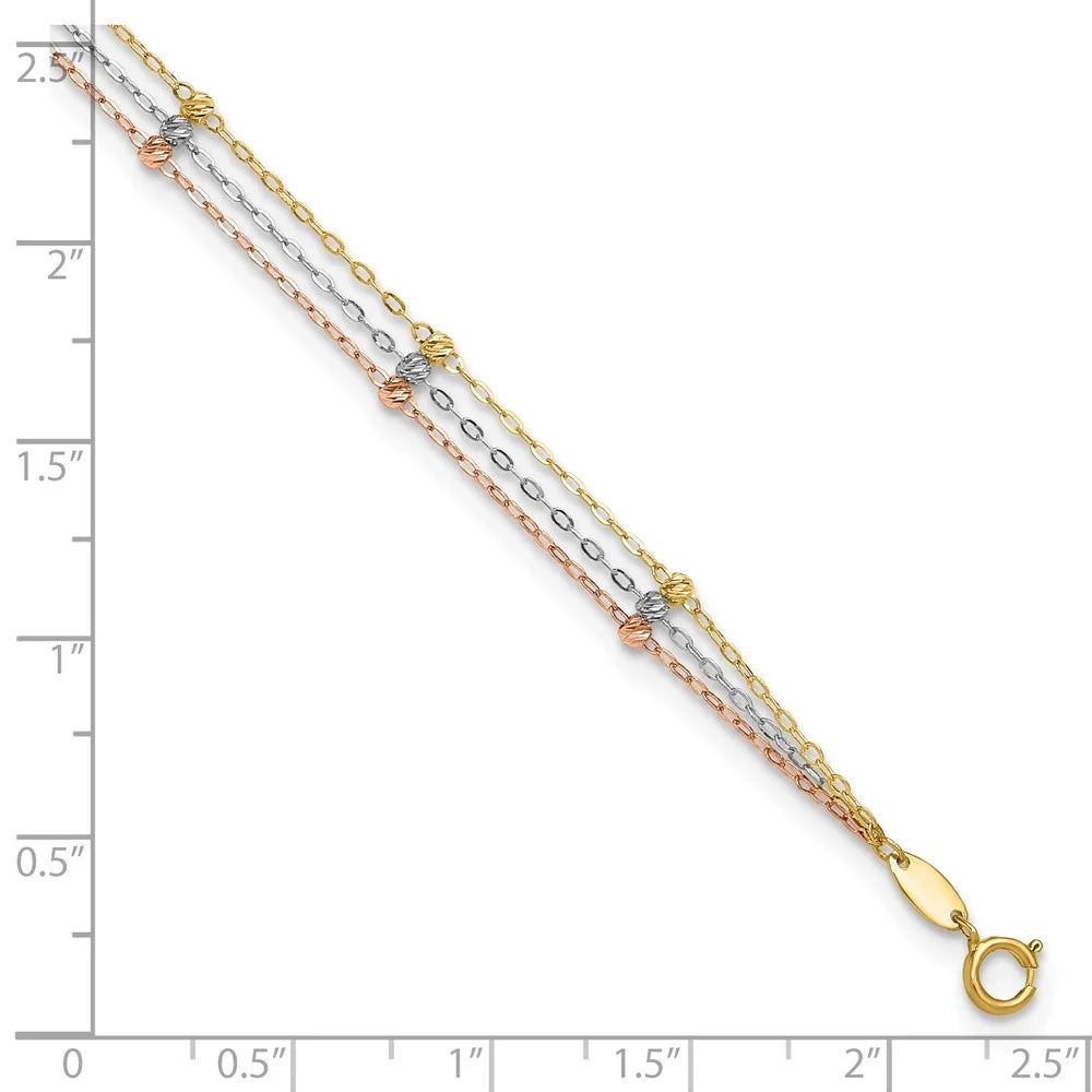 14 Karat Tri-color 3-Strand Beaded Anklet Y7381