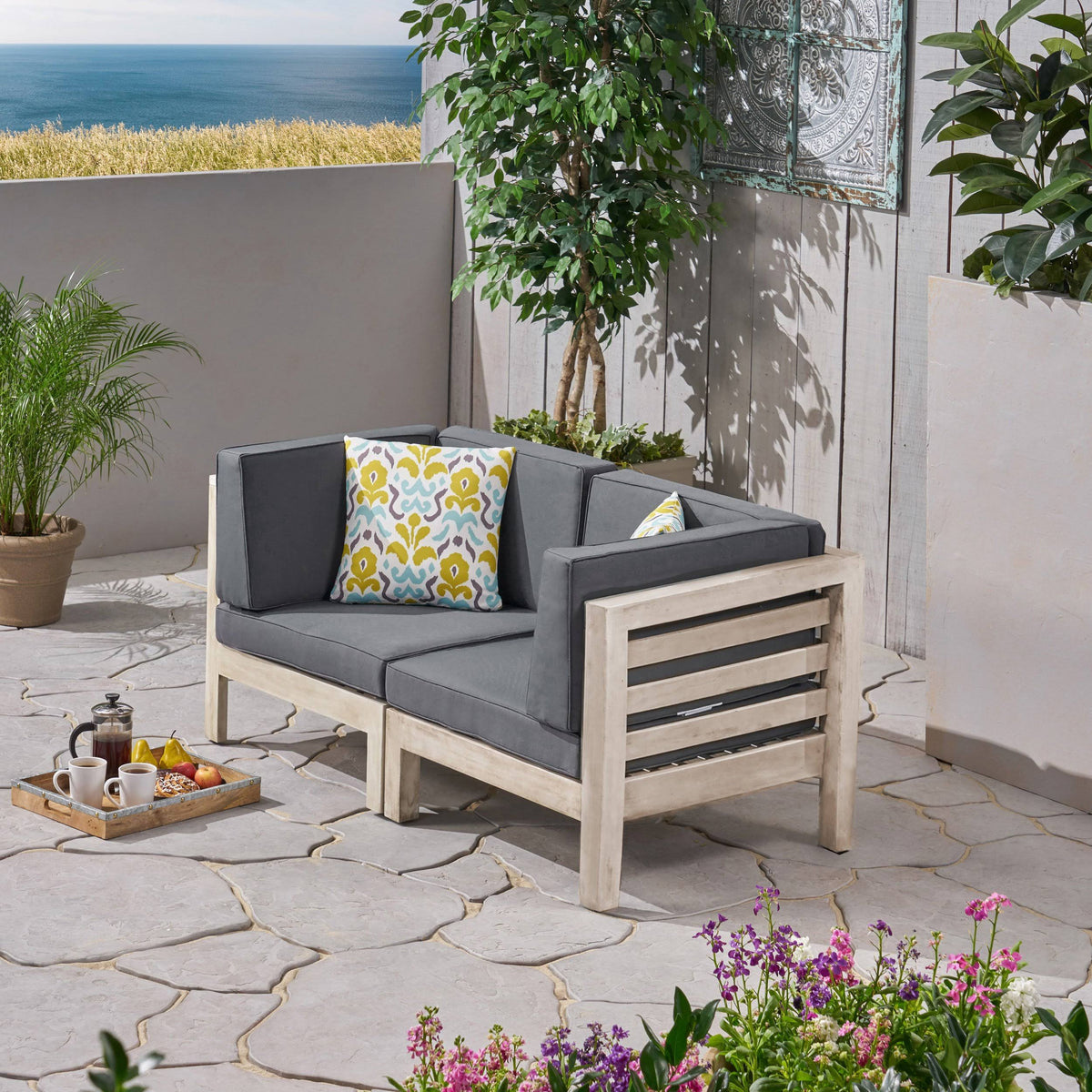 Weathered Gray / Dark Gray Acacia Wood Sectional Loveseat Set with Cushions N14533