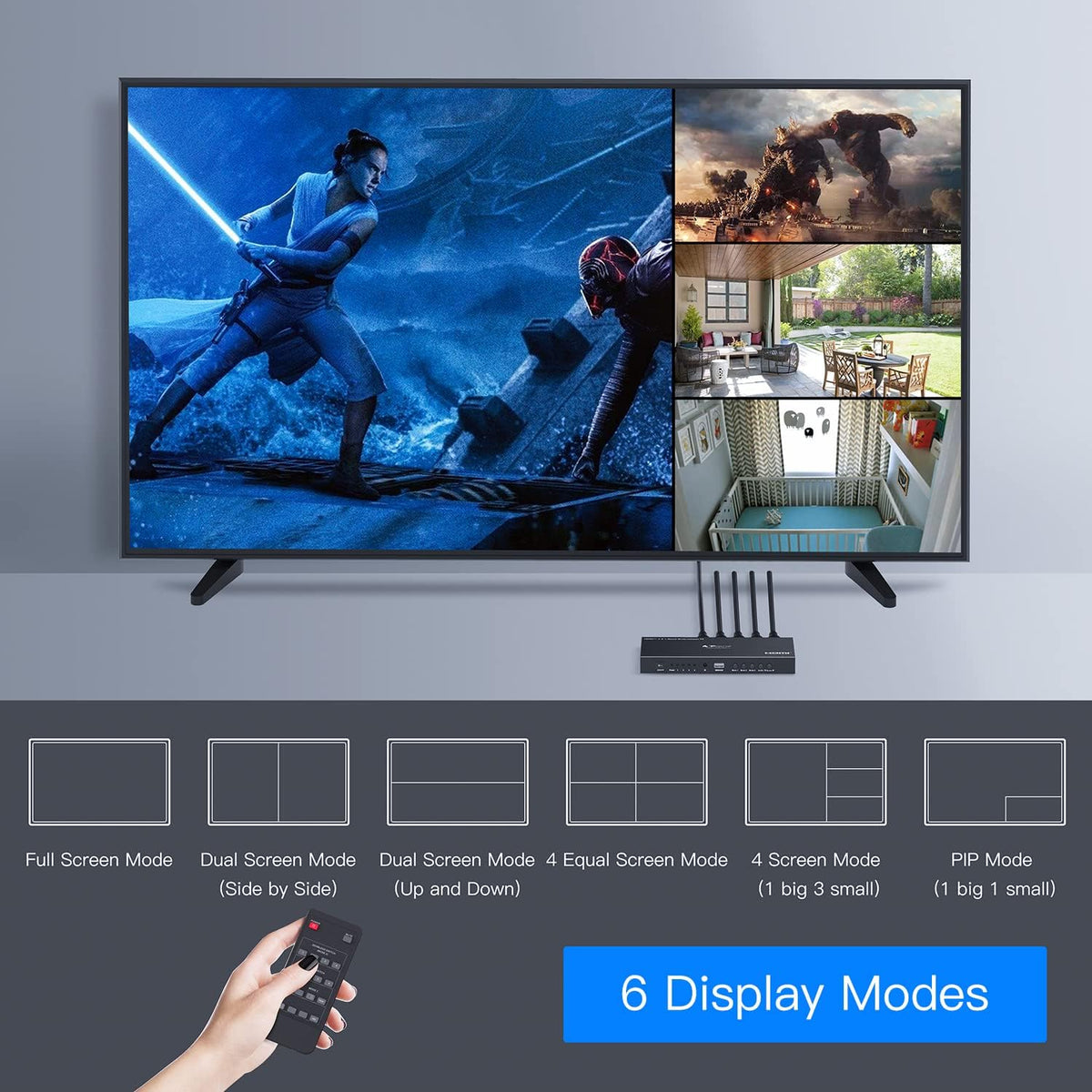HDMI Multiviewer Switch 4x1, Quad Multi-Viewer Seamless Switcher 4 in 1 Out with Loop, Audio Extractor to Stereo, 1080p, 5 Viewing Modes L370212
