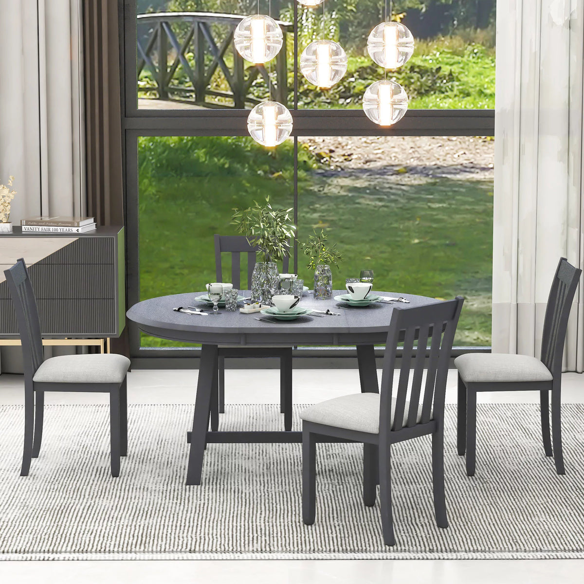 5-Piece Round Extendable Wood Dining Table Set with 4 Chairs F320