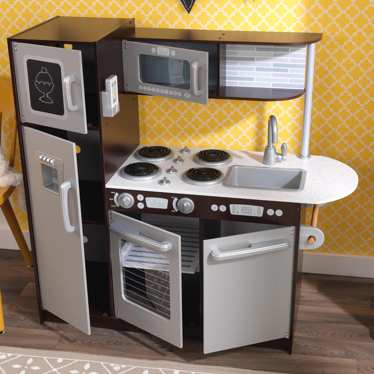 Espresso Wooden Play Kitchen with Chalkboard & Towel Rack M2813