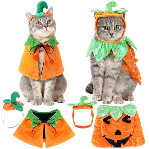 2 Sets Pet Pumpkin Costume Cat Halloween Cloak Hat Set R975