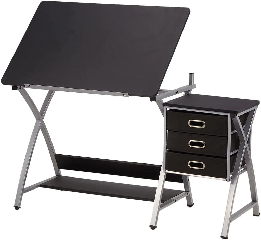 Black Adjustable Drafting Table with Stool and Storage Drawers G255937