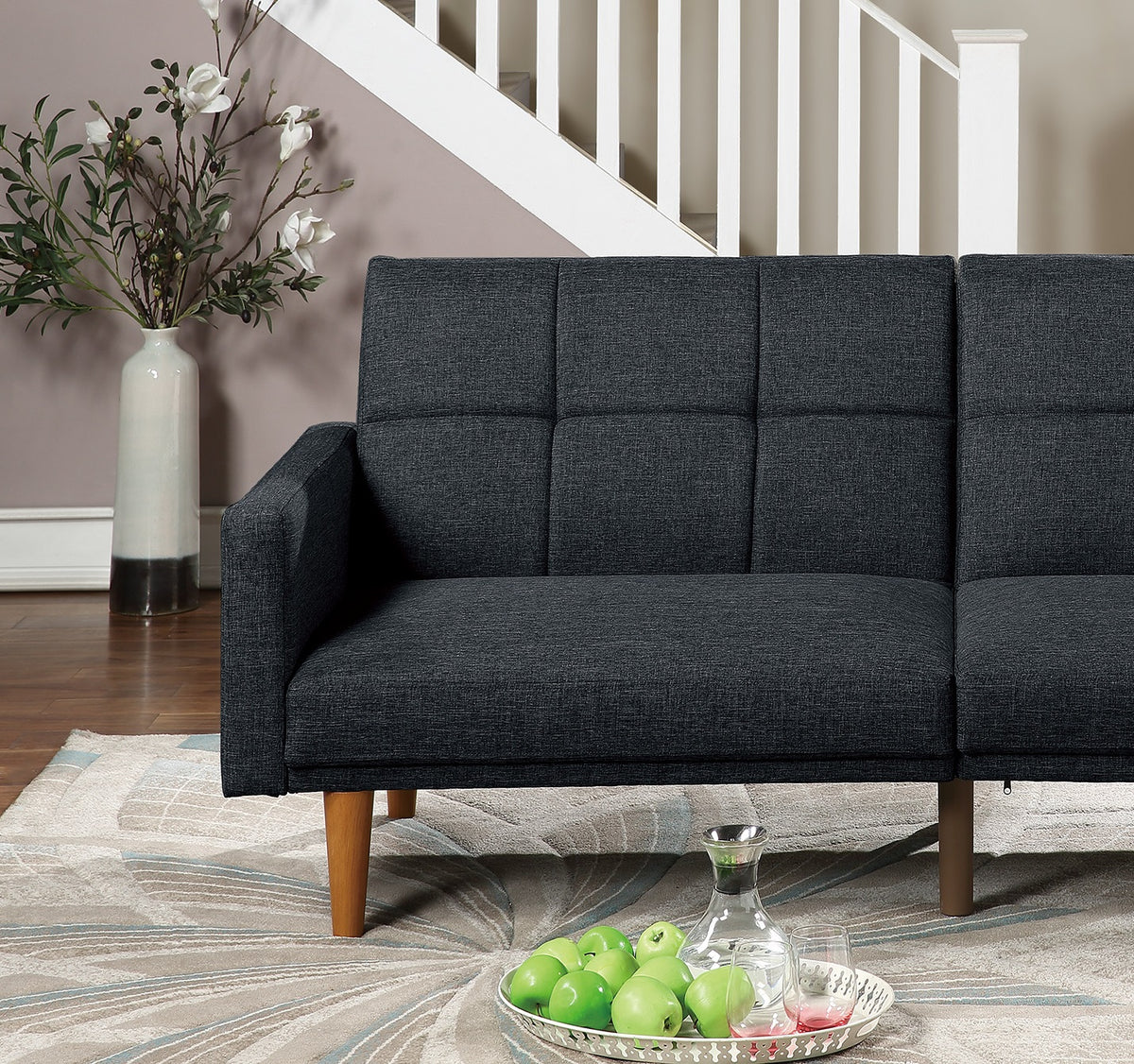 Black Polyfiber Convertible Sofa Couch Bed with Wooden Legs M945