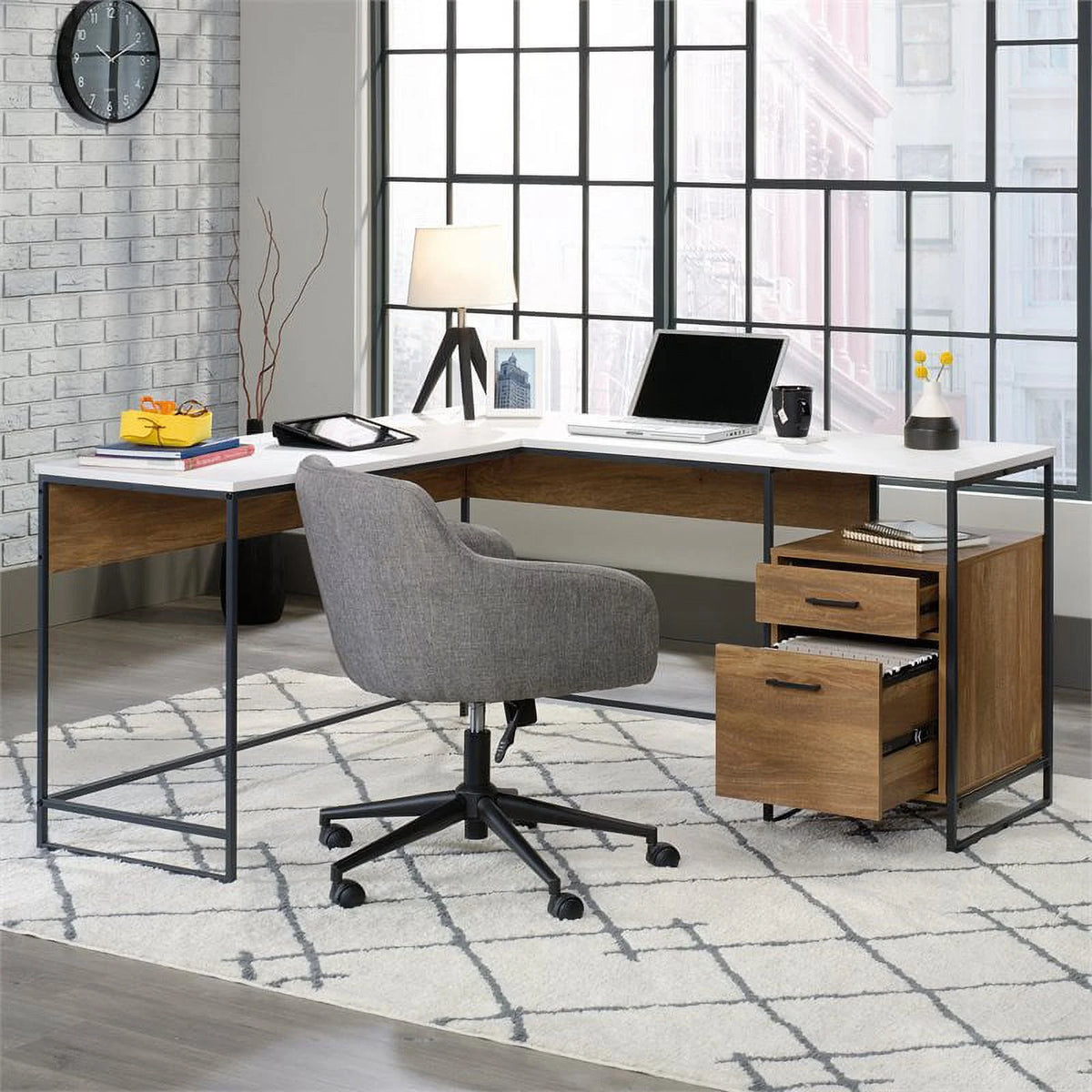 L-Shaped Computer Desk with 2 Drawers in White H637