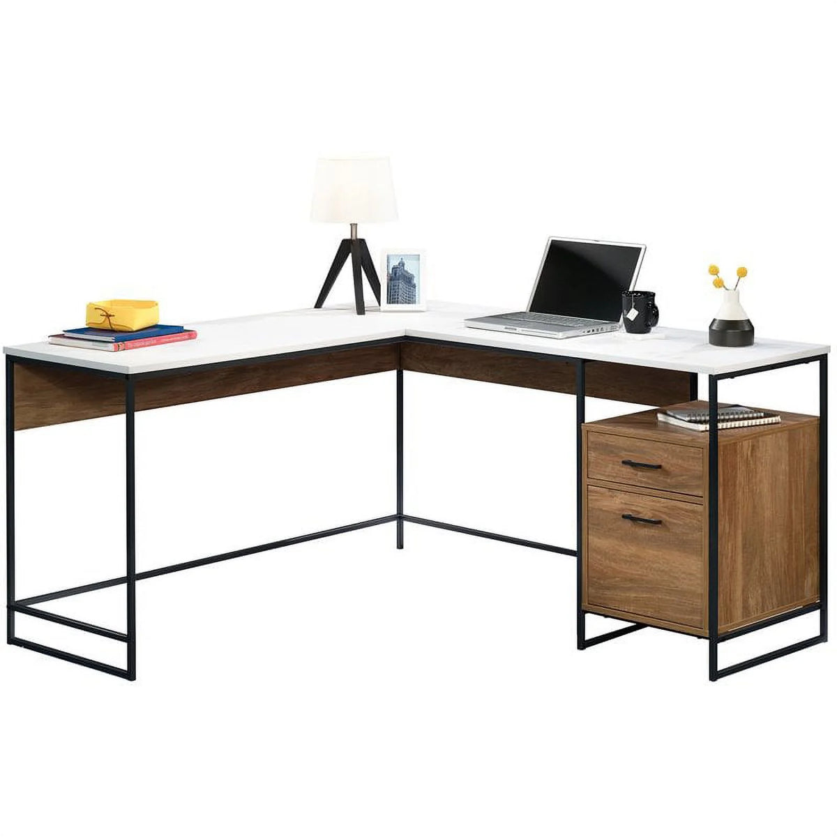 L-Shaped Computer Desk with 2 Drawers in White H637