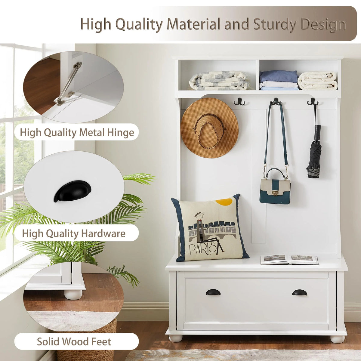 White Hall Tree Bench with Coat Rack and Shoe Cabinet P823