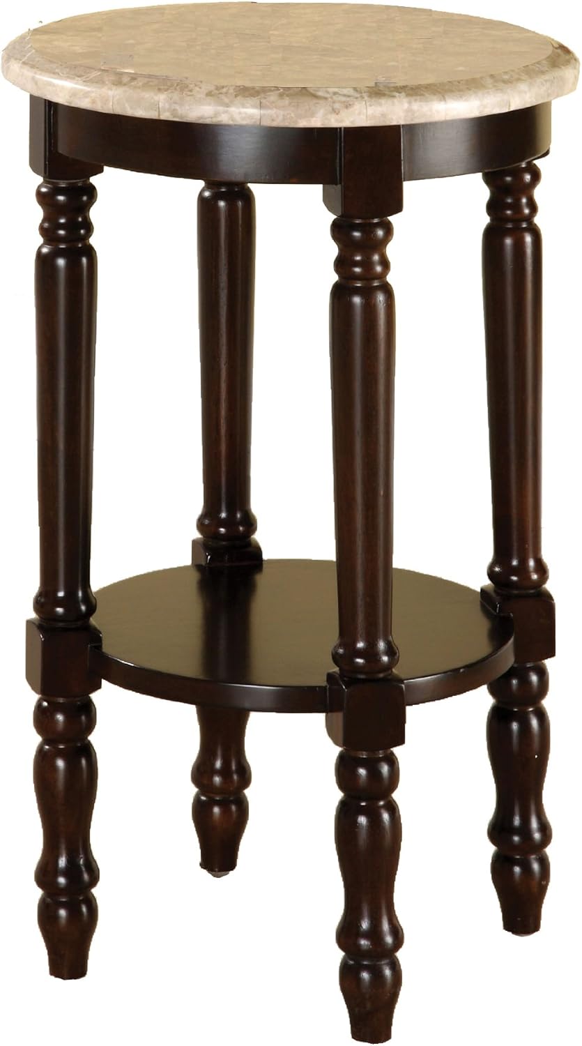 Round Stand with Genuine Marble Top, Dark Cherry Finish Q91752
