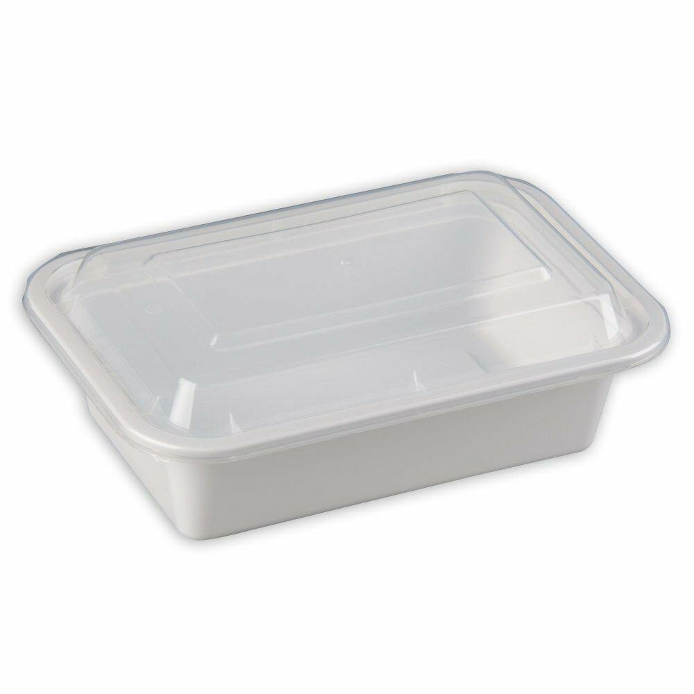 24 oz White Rectangular Microwavable Plastic Container with Clear Lid (Case of 100) W6717