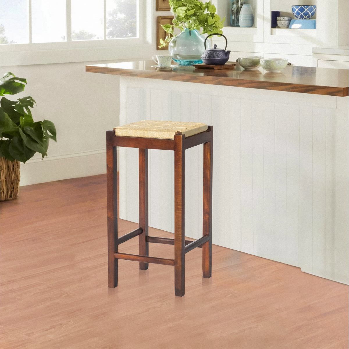 32 Inch Mango Wood Barstool with Rope Weaved Seat A655