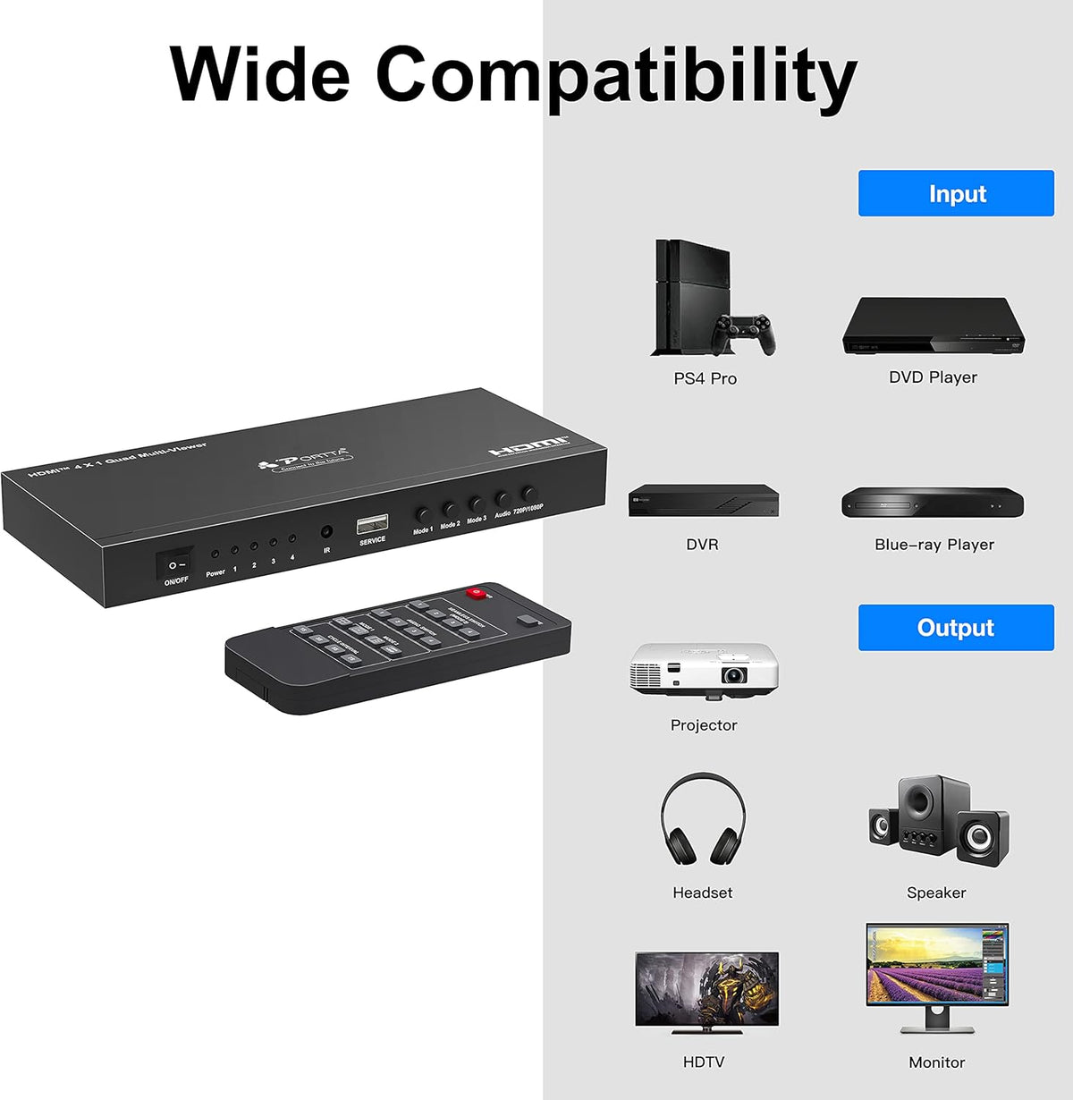HDMI Multiviewer Switch 4x1, Quad Multi-Viewer Seamless Switcher 4 in 1 Out with Loop, Audio Extractor to Stereo, 1080p, 5 Viewing Modes L370212