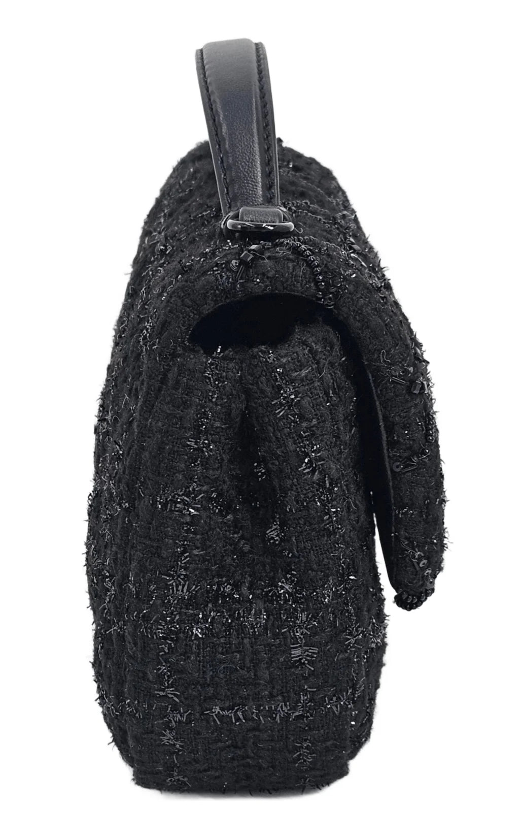 Black Beaded Tweed Mini Top Handle Crossbody Bag O7423