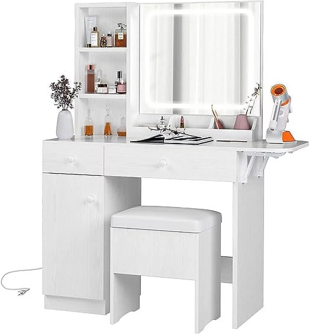 White Vanity Desk with Lighted Mirror and Stool L759521