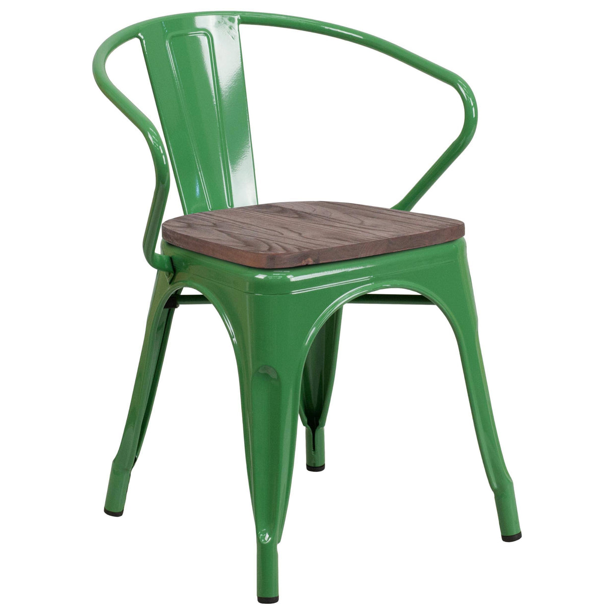 Orange Metal Chair with Wood Seat and Arms E183897