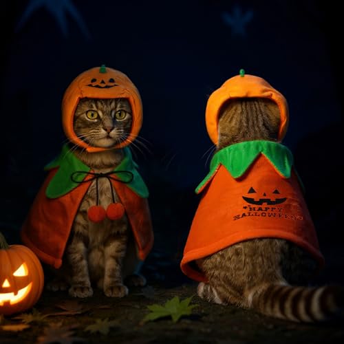 2 Sets Pet Pumpkin Costume Cat Halloween Cloak Hat Set R975