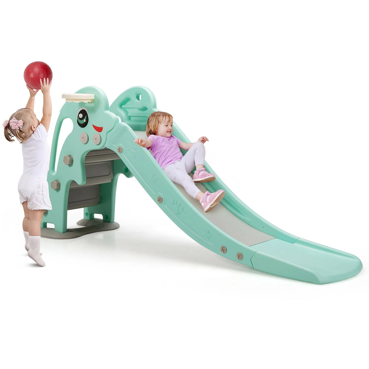 3-in-1 Kids Climber Slide Play Set with Basketball Hoop Green Q420